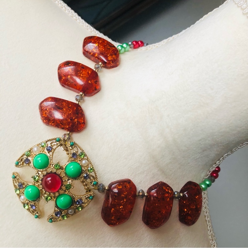 Handcrafted repurpose stone Maltese cross pendant Czech glass Pearl necklace